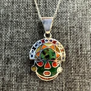 Artisan Sterling Silver Mayan Aztec Face Necklace – Stone Inlay, 925, Vintage